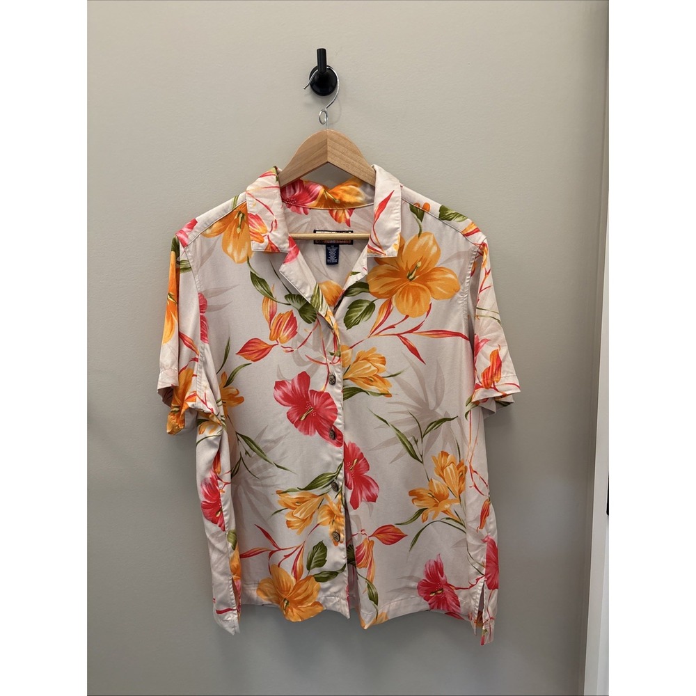 Havana Jacks Cafe Women's 1X  Orange Pink Top Hawaiian Shirt Button Up Aloha